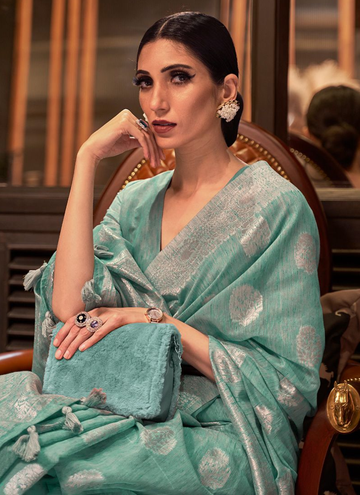 Graceful Sea Green Linen Festive Wear Women Saree